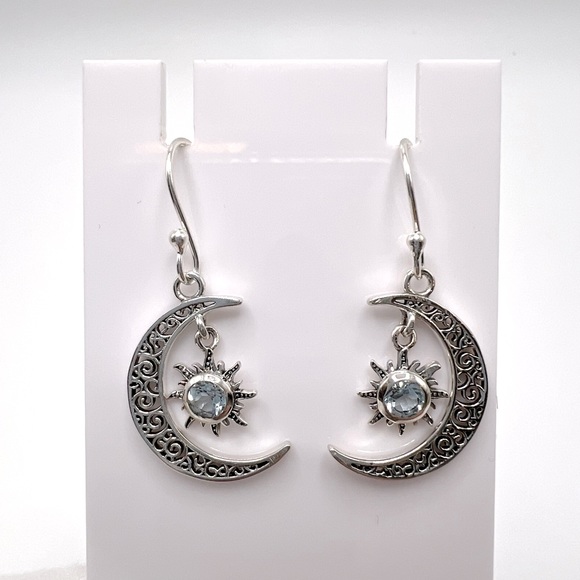 Genuine Blue Topaz .925 Sterling Silver Moon and Sun Earrings - Picture 5 of 14